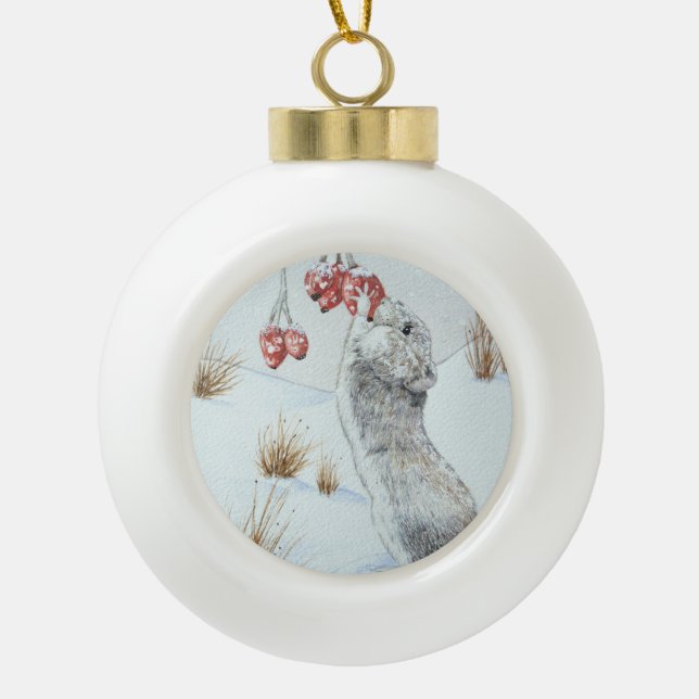 Cute mouse and red berries snow scene wildlife ceramic ball christmas ornament (Front)