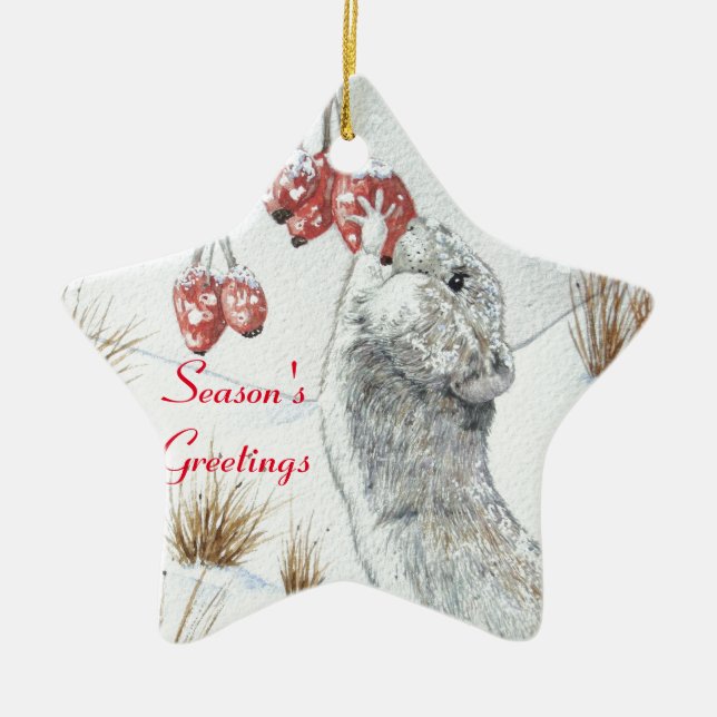 Cute mouse and red berries snow scene wildlife ceramic ornament (Front)