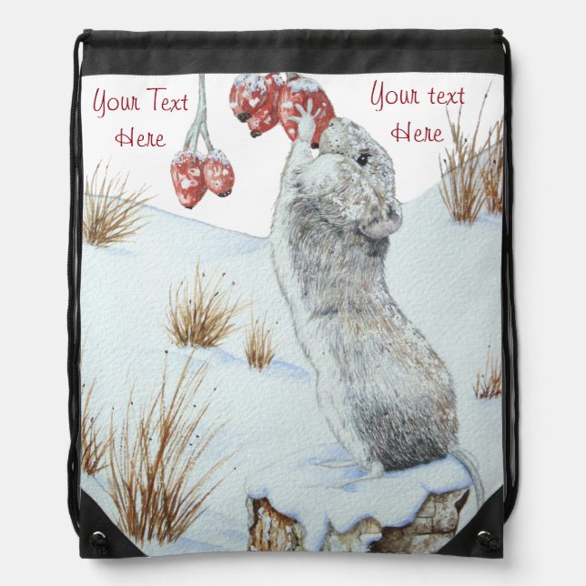 Cute mouse and red berries snow scene wildlife drawstring bag (Front)