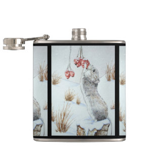 Cute mouse and red berries snow scene wildlife hip flask