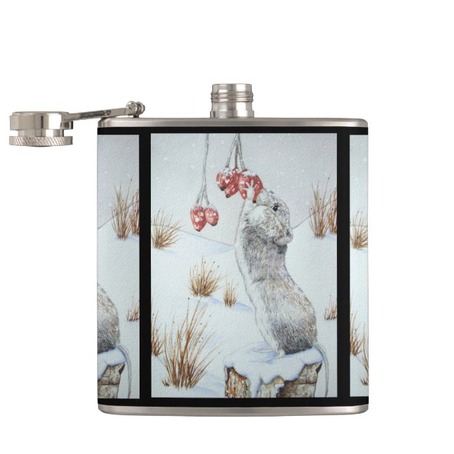 Cute mouse and red berries snow scene wildlife hip flask (Opened)