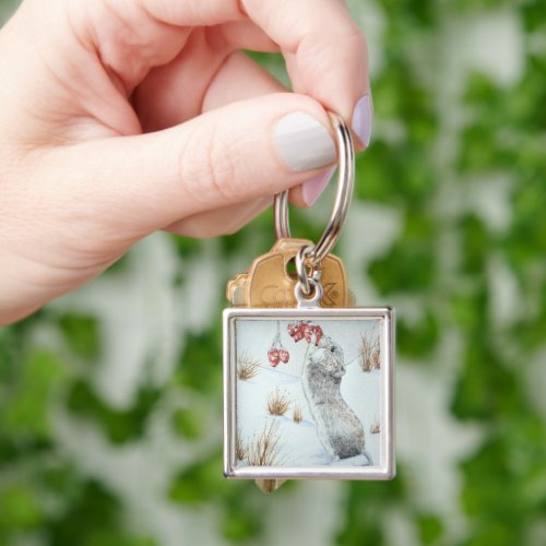 Cute mouse and red berries snow scene wildlife keychain