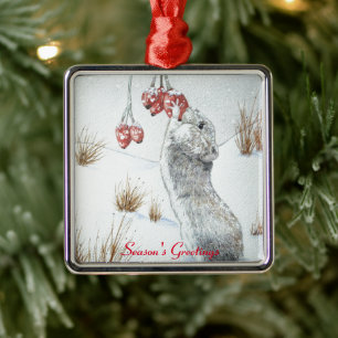 Cute mouse and red berries snow scene wildlife metal ornament