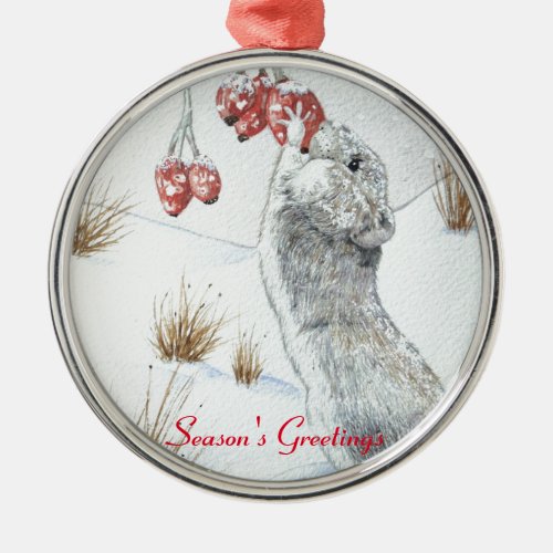 cute mouse and red berries snow scene wildlife metal ornament