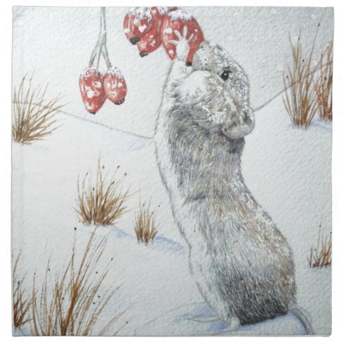 Cute mouse and red berries snow scene wildlife  napkin