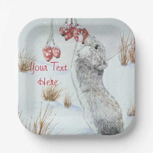 Cute mouse and red berries snow scene wildlife  paper plates