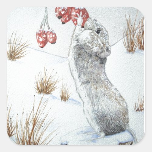 Cute mouse and red berries snow scene wildlife square sticker