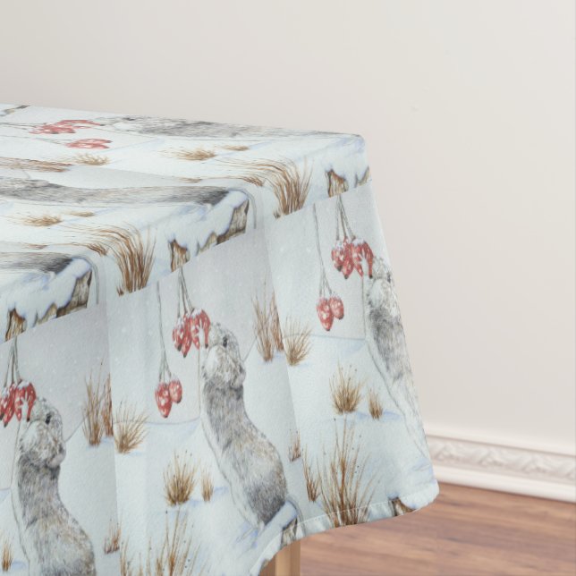 Cute mouse and red berries snow scene wildlife tablecloth (In Situ)