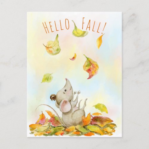 Cute Mouse and Yellow_orange Falling Leaves  Postcard