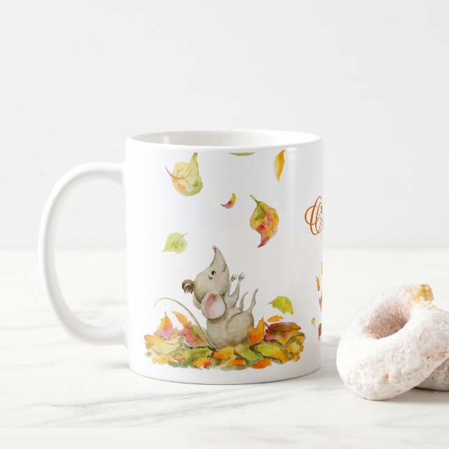 Cute mouse and yellow orange falling leaves water coffee mug (With Donut)