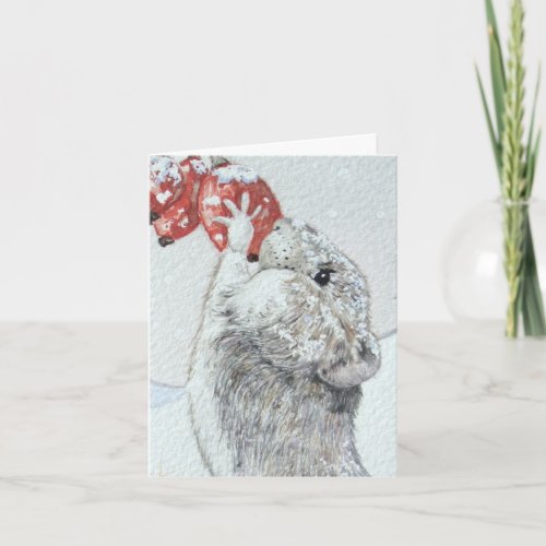 Cute mouse berries snow scene wildlife christmas holiday card