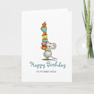 Cute Mouse Birthday Cards with cupcakes for Niece