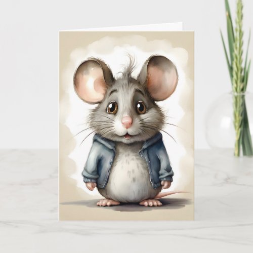 Cute Mouse Blue Jacket Portrait Blank Greeting  Card