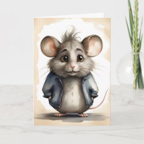 Cute Mouse Blue Jacket Portrait Blank Greeting Card