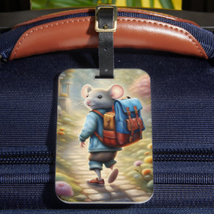 Cute mouse boy on his way to school, luggage tag