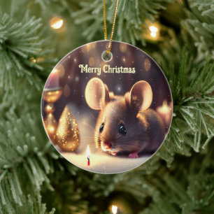 Cute mouse celebrates Christmas, custom Ceramic Ornament