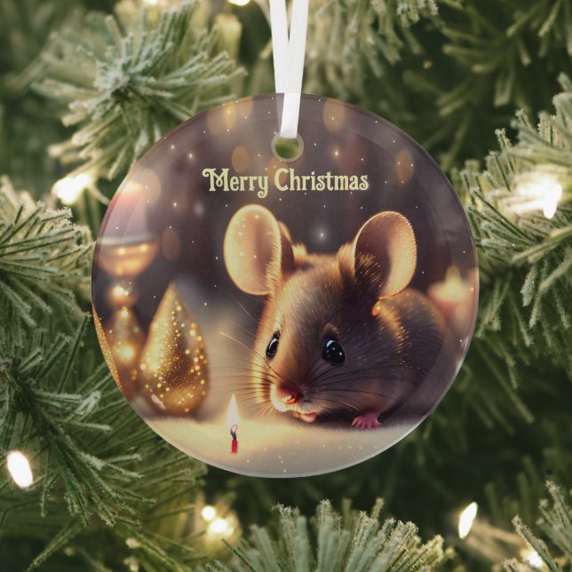 Cute mouse celebrates Christmas, custom  Glass Ornament (Insitu)