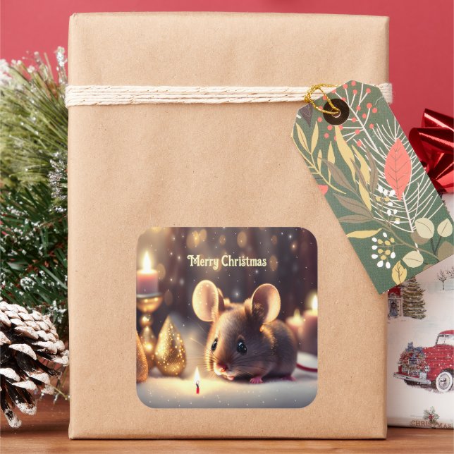 Cute mouse celebrates Christmas  - custom Square Sticker (Holiday)