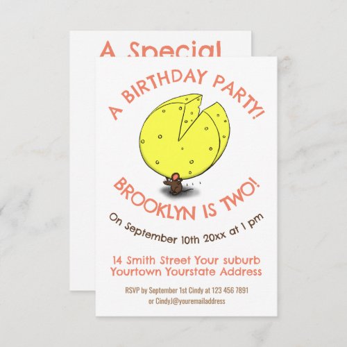 Cute mouse cheese birthday cartoon invitation