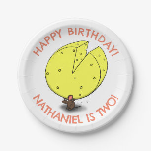 Cute mouse cheese personalized cartoon birthday paper plates
