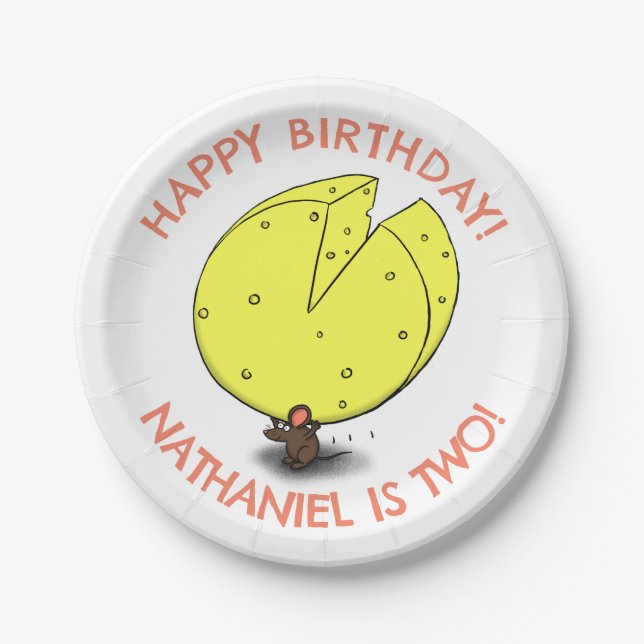 Cute mouse cheese personalized cartoon birthday paper plates (Front)