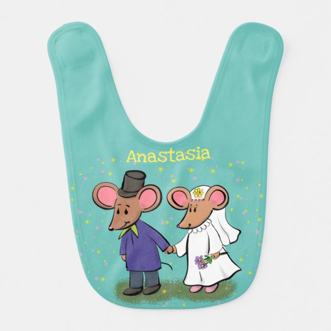 Cute mouse couple cartoon illustration baby bib (Front)
