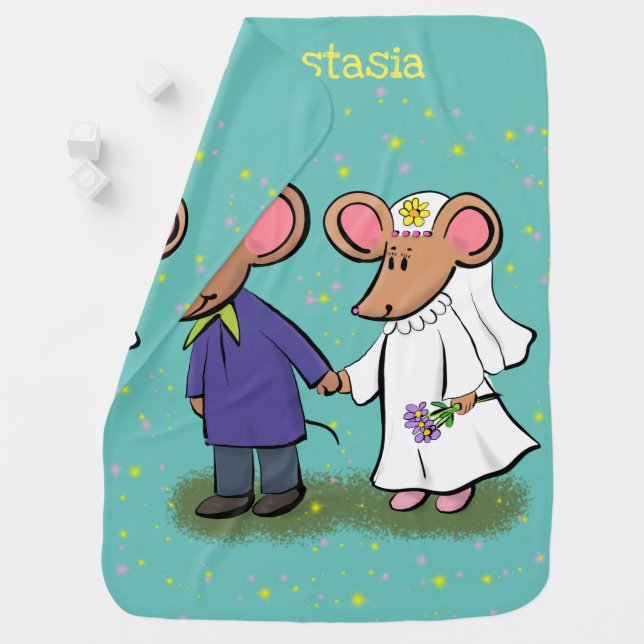 Cute mouse couple cartoon illustration baby blanket (In Situ)