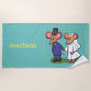 Cute mouse couple cartoon illustration beach towel