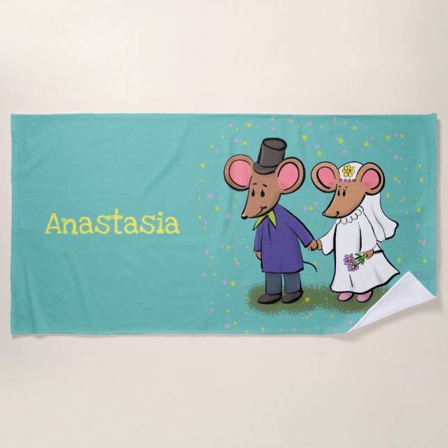 Cute mouse couple cartoon illustration beach towel (Front)
