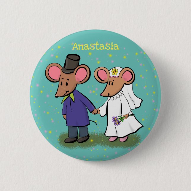 Cute mouse couple cartoon illustration button (Front)