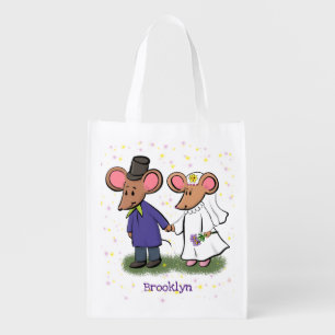 Cute mouse couple cartoon illustration grocery bag