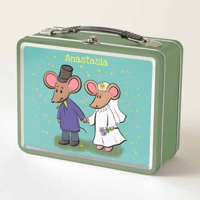 Cute mouse couple cartoon illustration metal lunch box (Front)