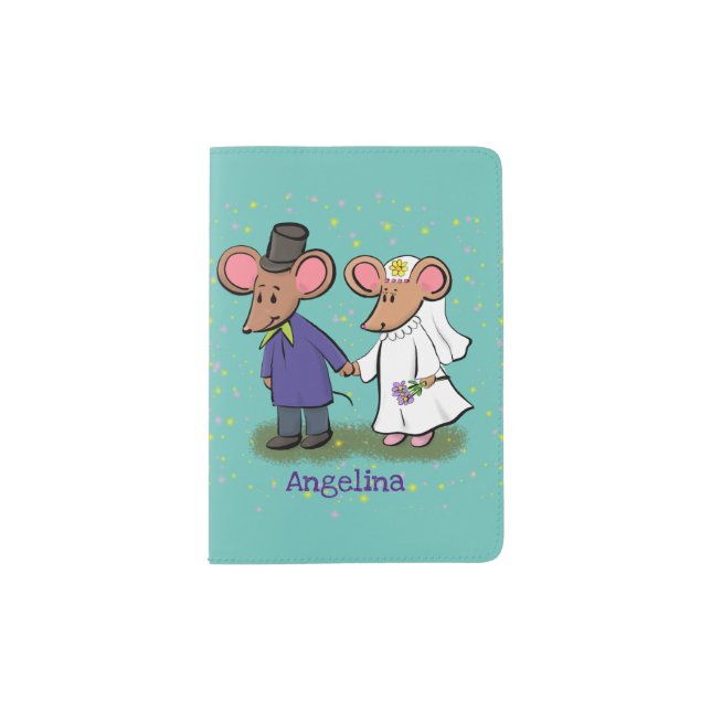Cute mouse couple cartoon illustration passport holder (Front)
