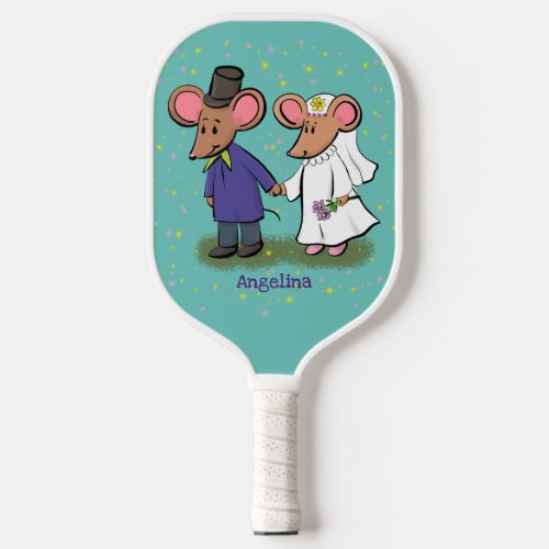 Cute mouse couple cartoon illustration pickleball paddle