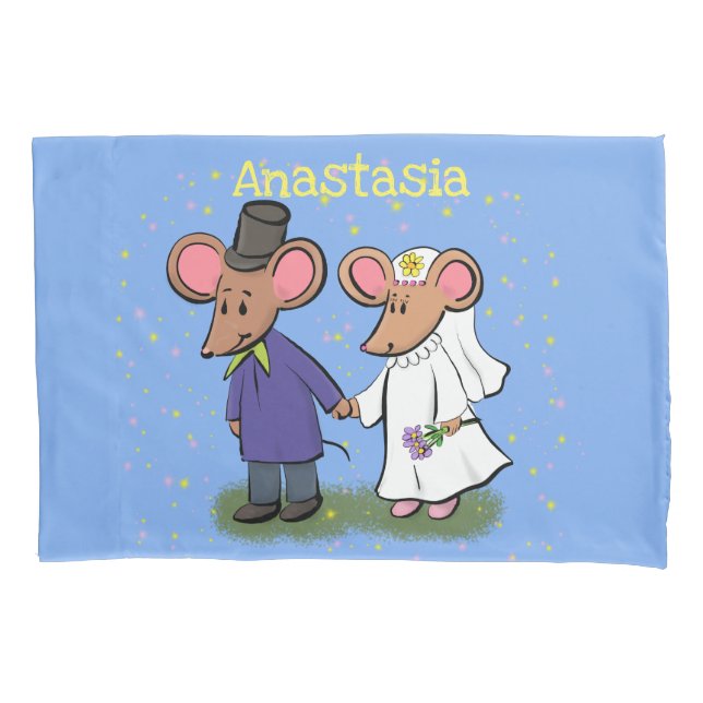 Cute mouse couple cartoon illustration pillow case (Front)