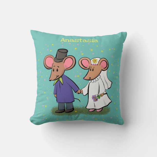 Cute mouse couple cartoon illustration throw pillow (Front)