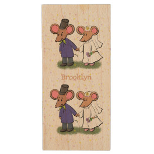 Cute mouse couple cartoon illustration wood flash drive