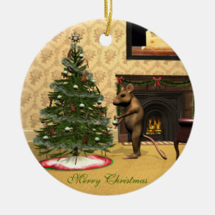 Cute Mouse Decorating a Christmas Tree Ceramic Ornament