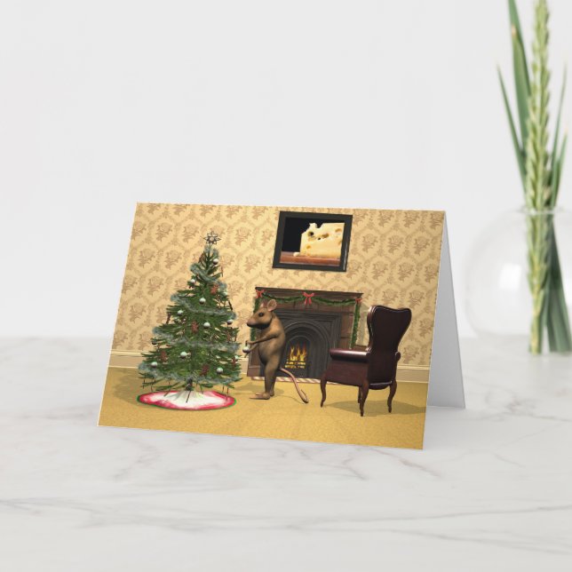 Cute Mouse Decorating a Christmas Tree Holiday Card (Front)