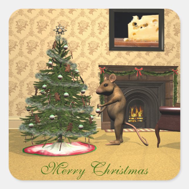 Cute Mouse Decorating a Christmas Tree Square Sticker (Front)