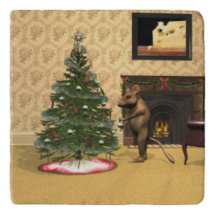 Cute Mouse Decorating a Christmas Tree Trivet