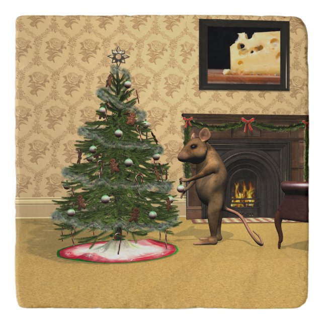 Cute Mouse Decorating a Christmas Tree Trivet (Front)