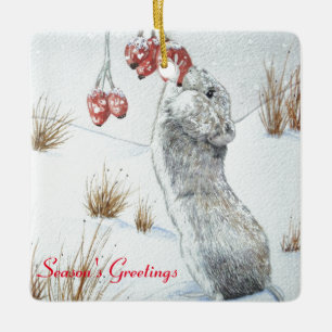 cute mouse eating berries snow scene wildlife ceramic ornament