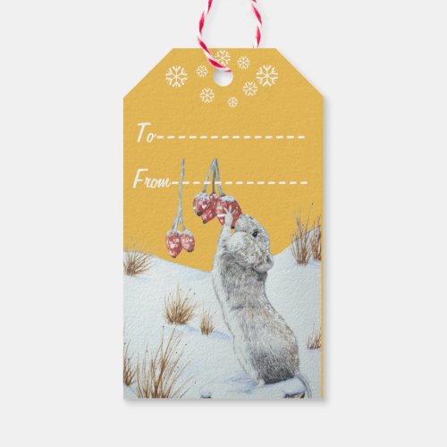 Cute mouse eating berries snow scene wildlife gift tags