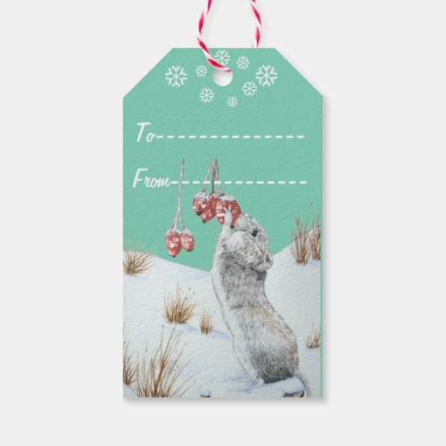 Cute mouse eating berries snow scene wildlife gift tags