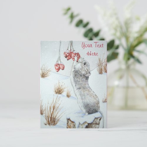 Cute mouse eating berries snow scene wildlife  postcard