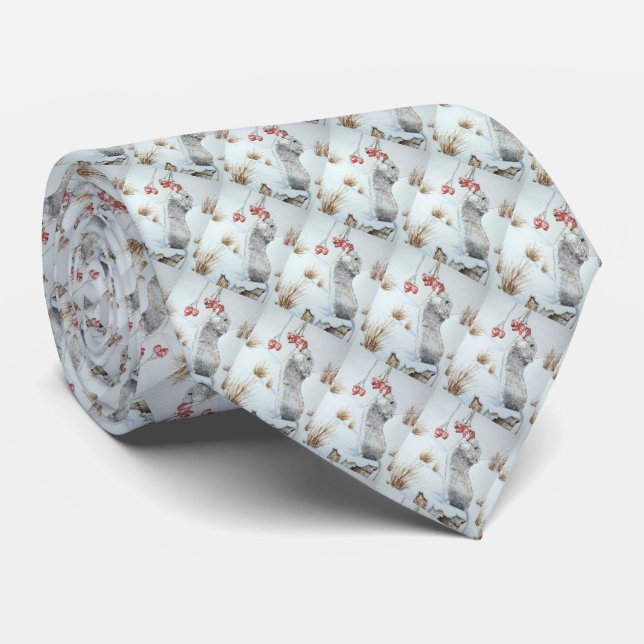 Cute mouse eating berries snow scene wildlife tie (Rolled)
