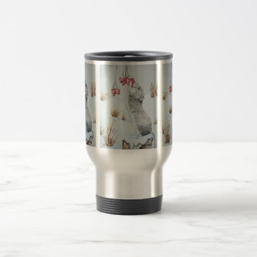 Cute mouse eating berries snow scene wildlife travel mug