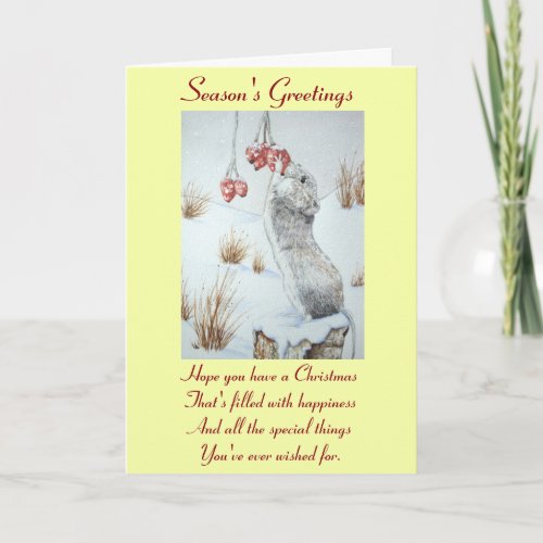 Cute mouse eating berries snow scene with verse holiday card