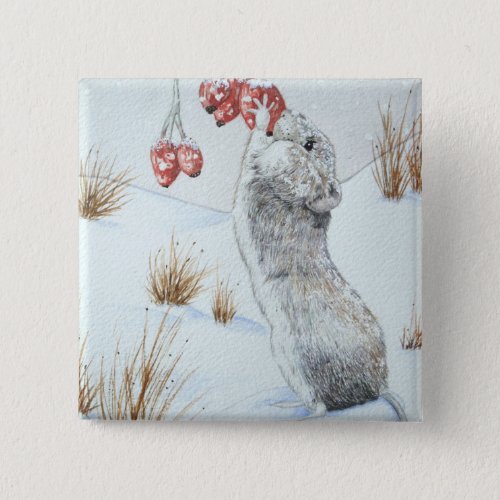 Cute mouse eating berries wildlife snow scene button